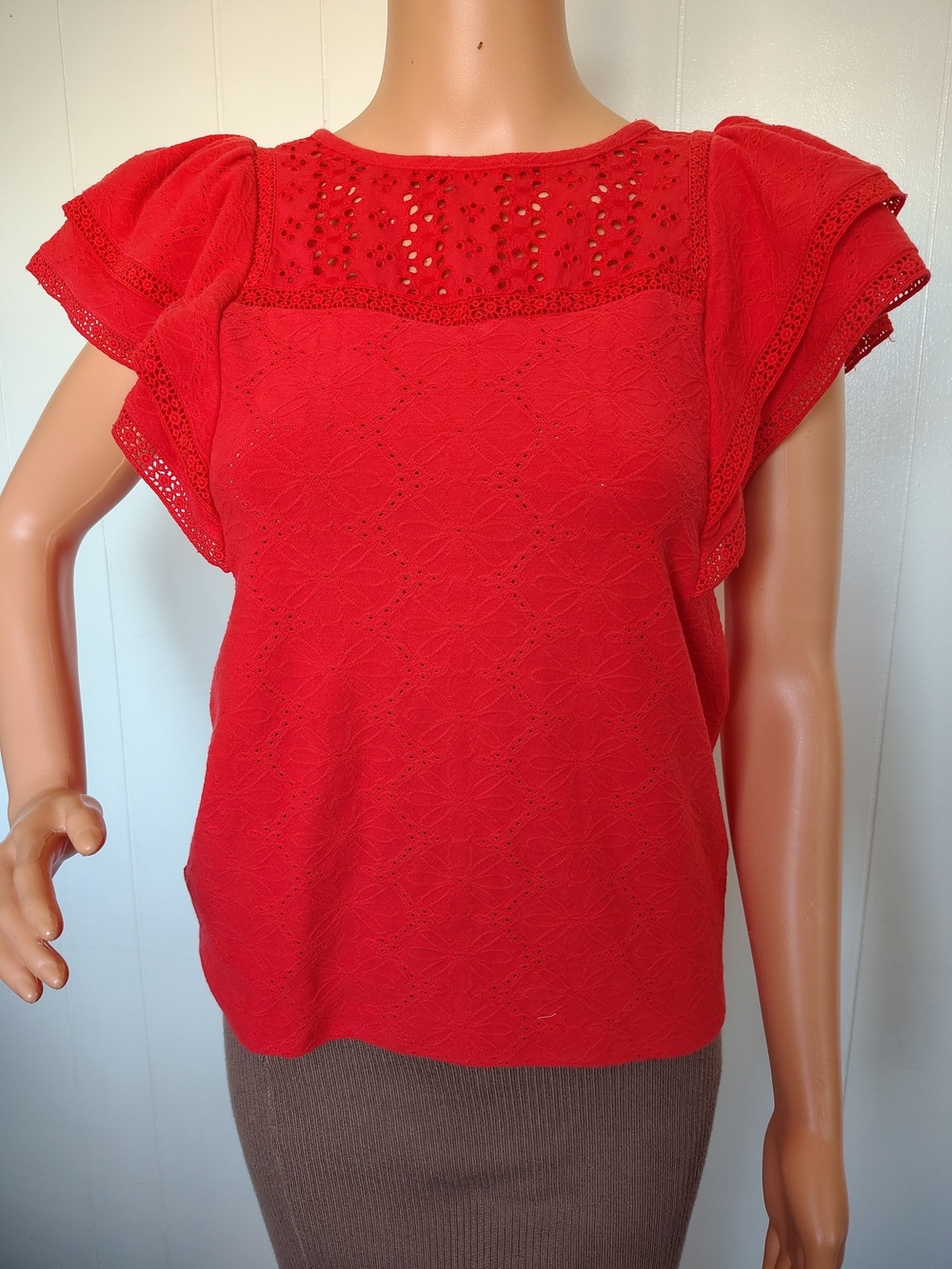 LOFT Orange Eyelet Flutter-Sleeve Blouse